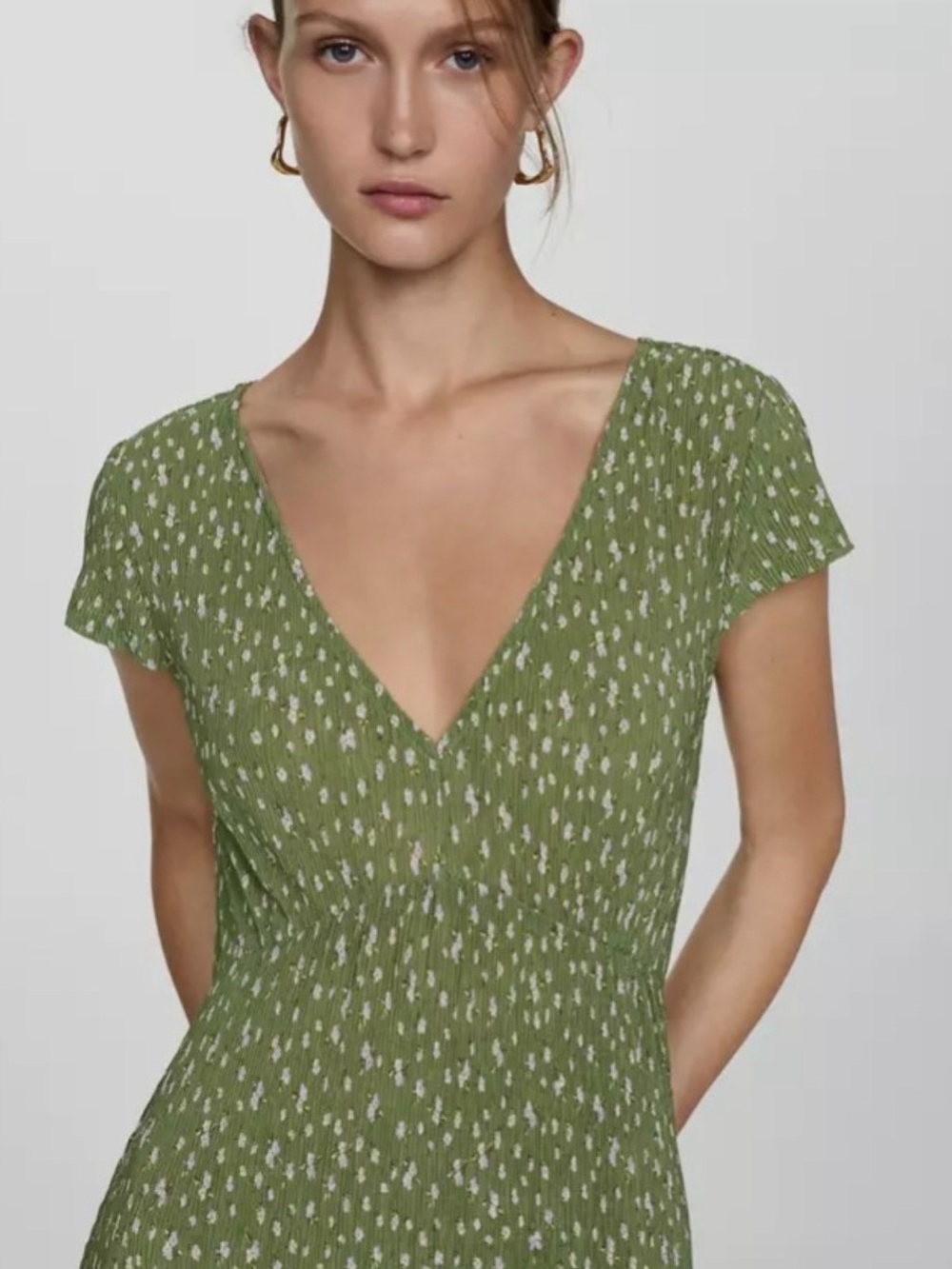 Mango V-Neck Green Printed Short Sleeve Women's Dress